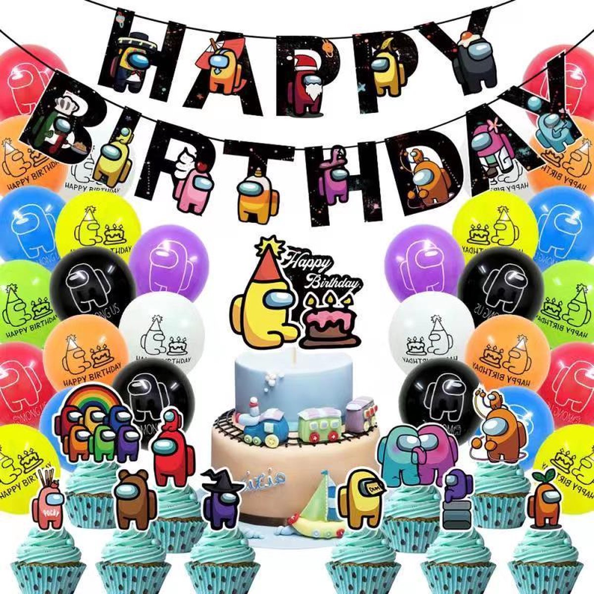 Simple Lifestyle® Ruimte Mannetjes Among Us Thema | Ballonnen Feest pakket Deluxe - Ballon - Vlaggenlijn - Slinger - Cake topper prikker - Taart versiering - Verjaardagspakket Kinderfeestje - Verjaardag - 36 Items